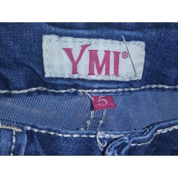 YMI Women's Denim Capri Jeans Sz 5 Dark Distressed Stretch embroidered pockets - Picture 5 of 10